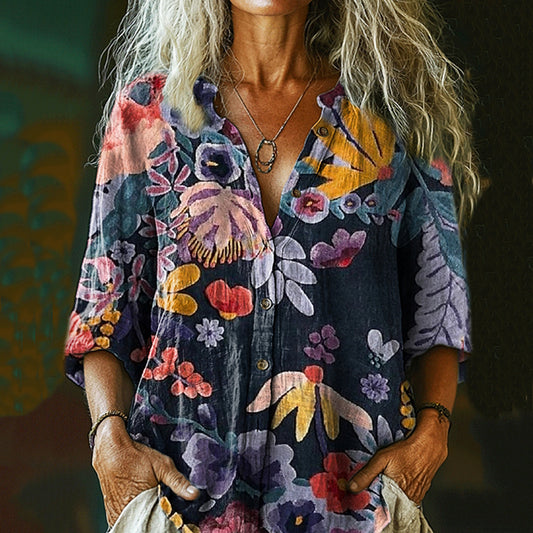 Women's Vintage Bohemian Floral Print Casual Shirt artswardrobe