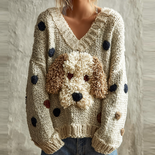 Lady Retro Cute Dog Plush Comfortable Knitted Sweater. elevenforest