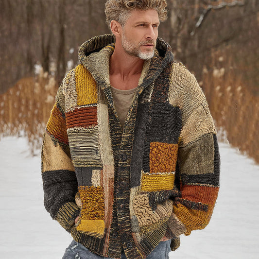 Men's Vintage Sunset Style Colorblock Patchwork Cozy Knit Jacquard Fairman Island Jacquard Thick Warm Hooded Sweater Cardigan artswardrobe