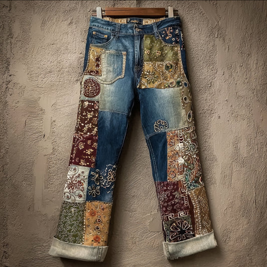 Comstylish Women's Bohemian Style Patchwork Art Denim Pants