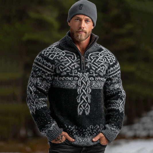 Men's Vintage Viking Celtic Knot Pattern Cozy Knit Half Zipped Sweater elevenforest