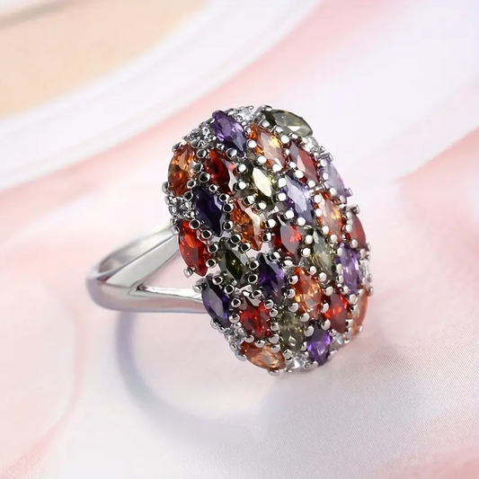 Vintage Colorful Rounded Crystal Silver Ring