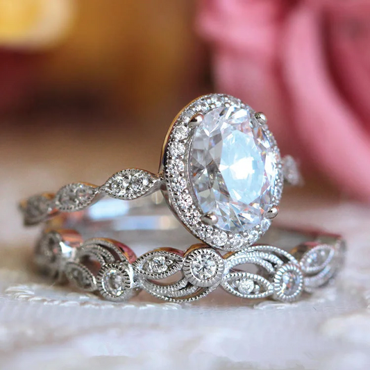Rounded White Glass Silvered Ring Set